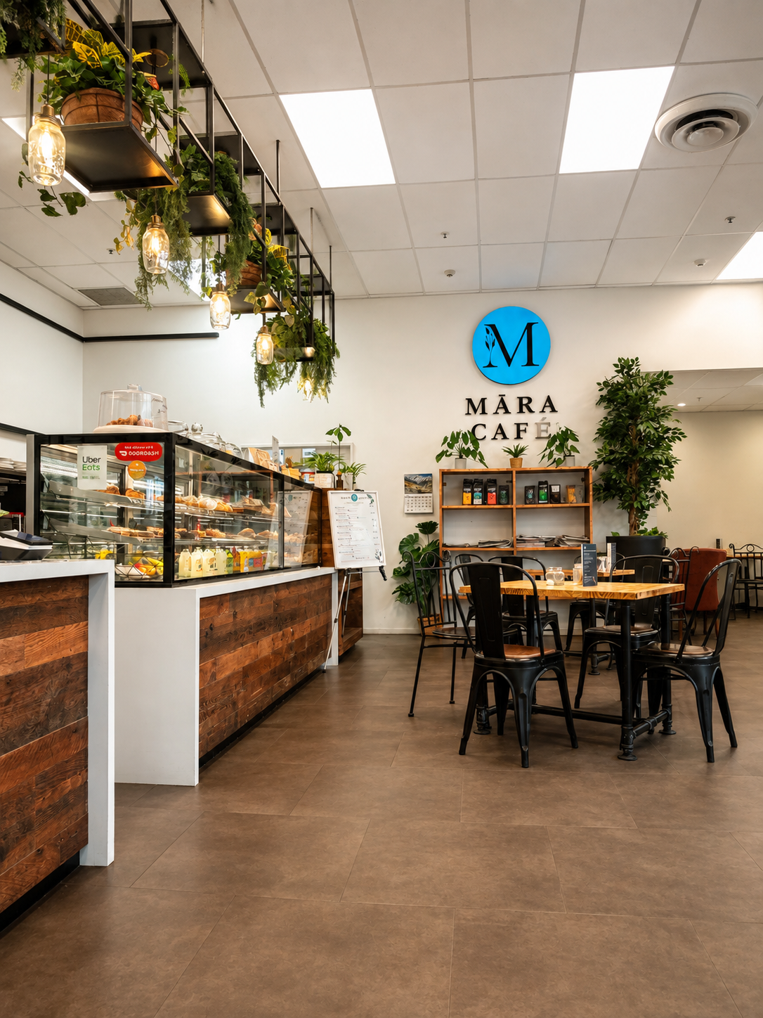 The counter, seating and planted ceiling at Māra Café