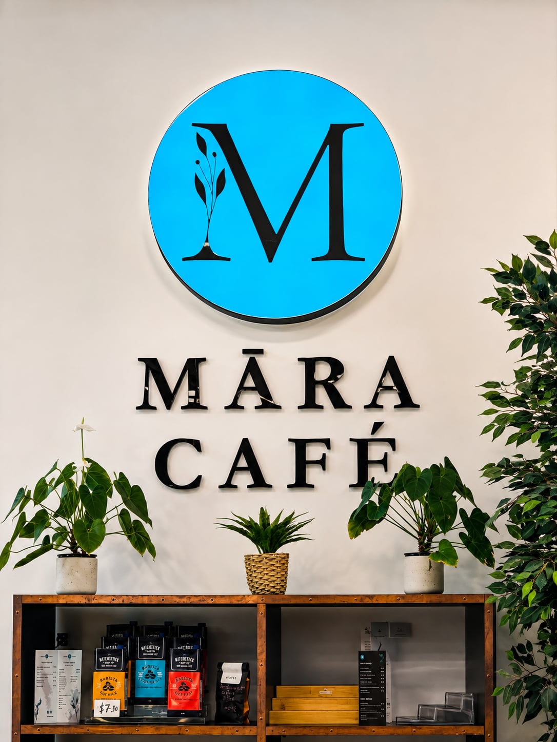 The Māra Café logo wall and coffee display