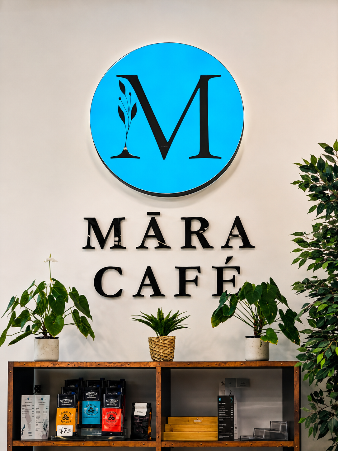 The Māra Café logo wall and coffee display