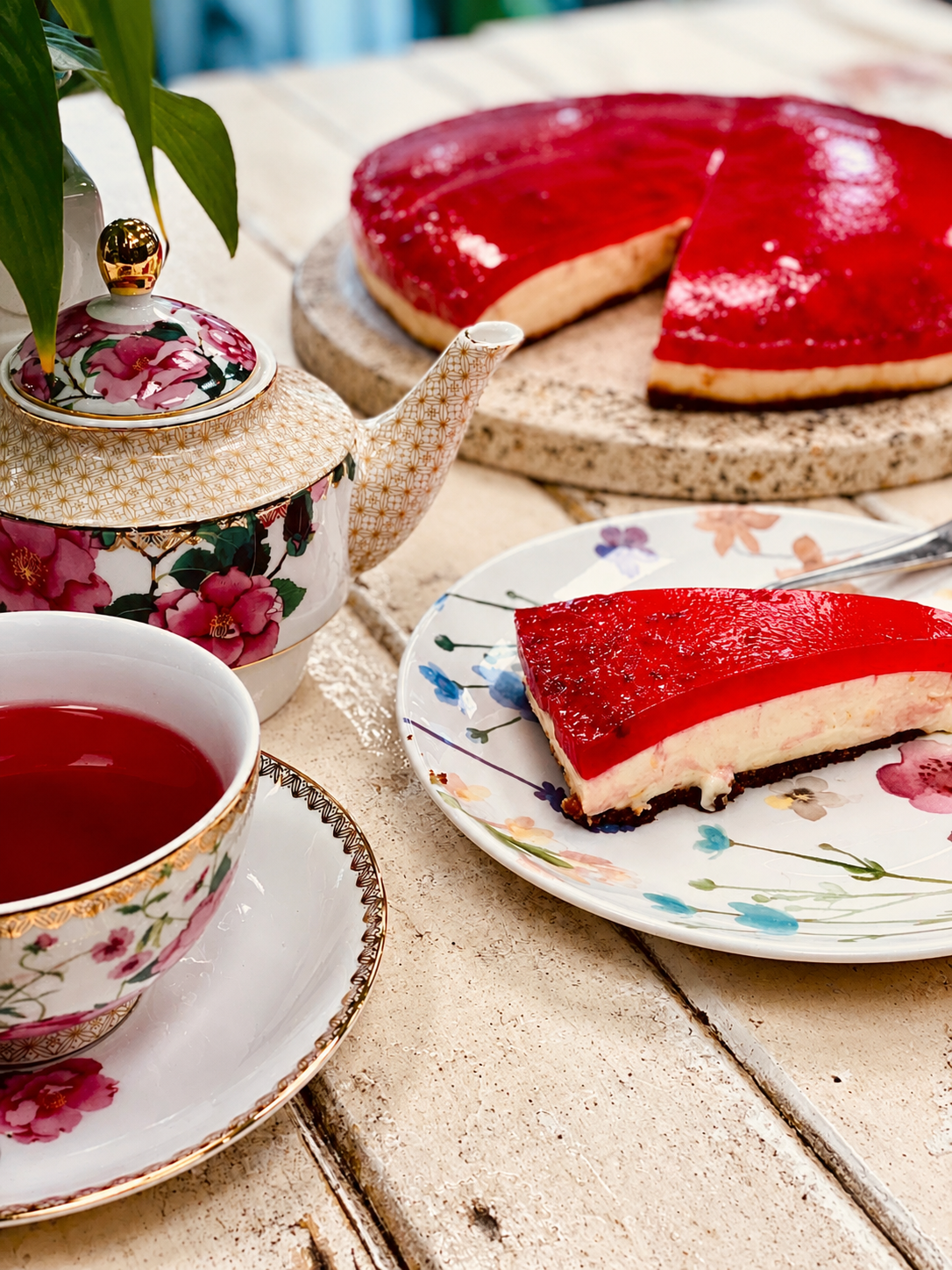 Tea and a red cheesecake slice at Māra Café