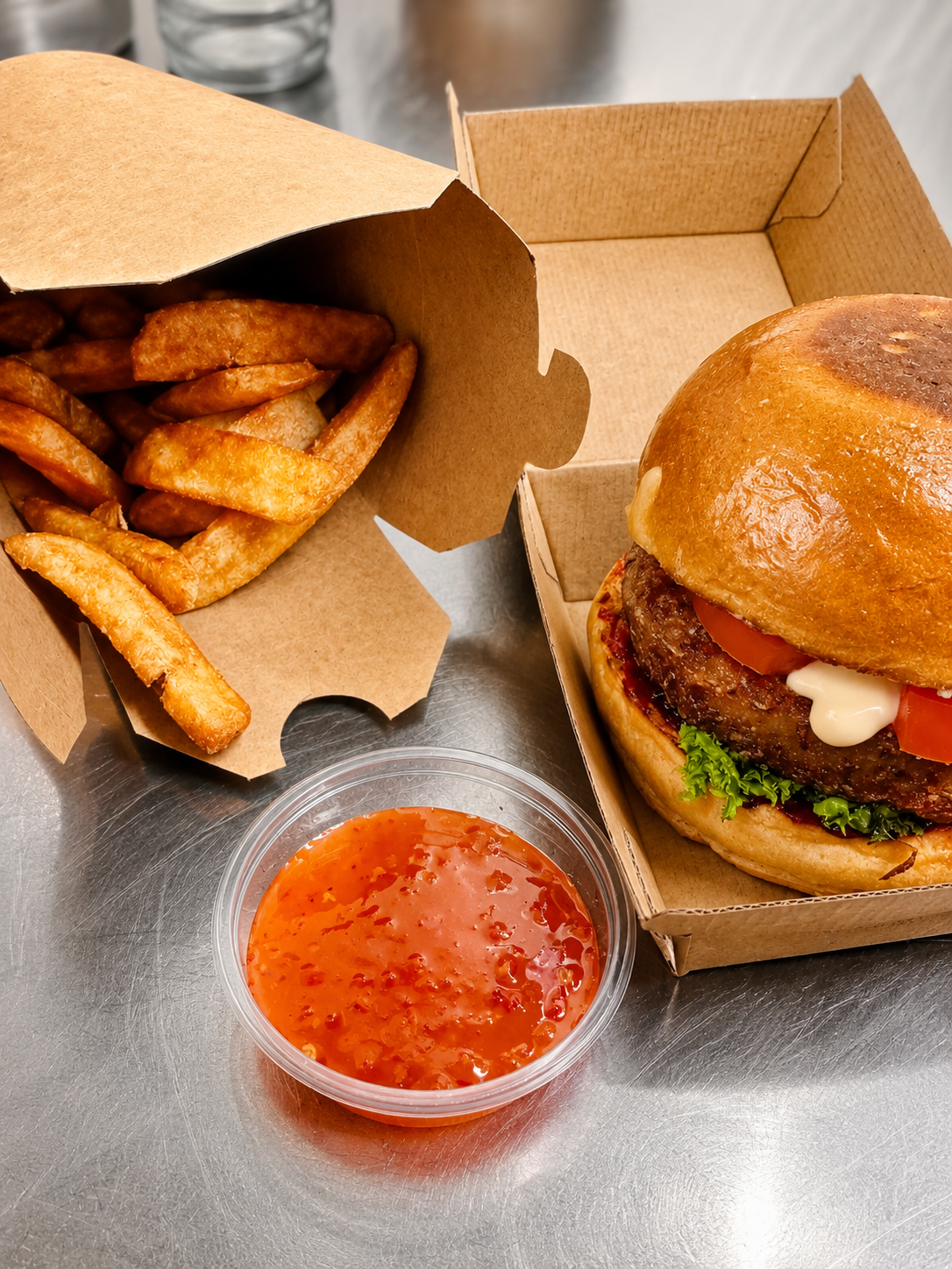 A takeaway burger, chips and dipping sauce at Māra Café
